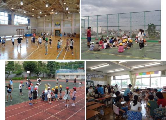 小学校の体育館、屋上、校庭、教室にて遊ぶ子供たちの様子
